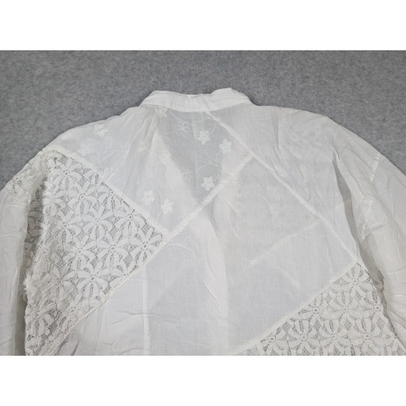 Sacred Threads Women Top Large Floral Geo Lace Patchwork Sheer Button Up - Picture 8 of 14